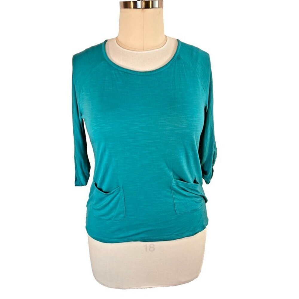 Chico's - Women's L Tunic Carribean Blue Boat Neck Roll Tab Sleeve 2 Pockets